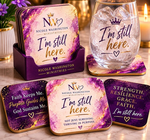 Set of purple and gold Nicole Washington Ministries merchandise including a glass, coasters, and tin box all featuring inspirational messages and crown logo