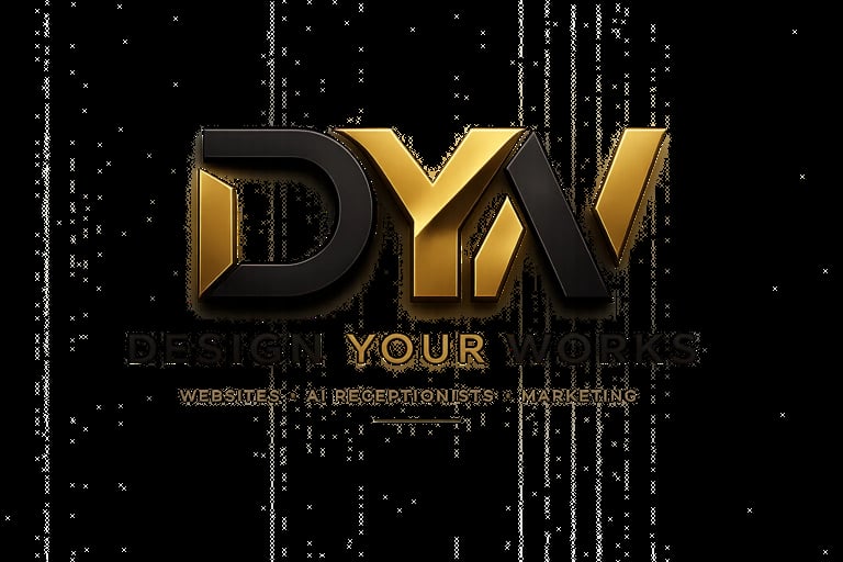 Gold and black 3D DYN logo with Your subtitle and digital matrix background