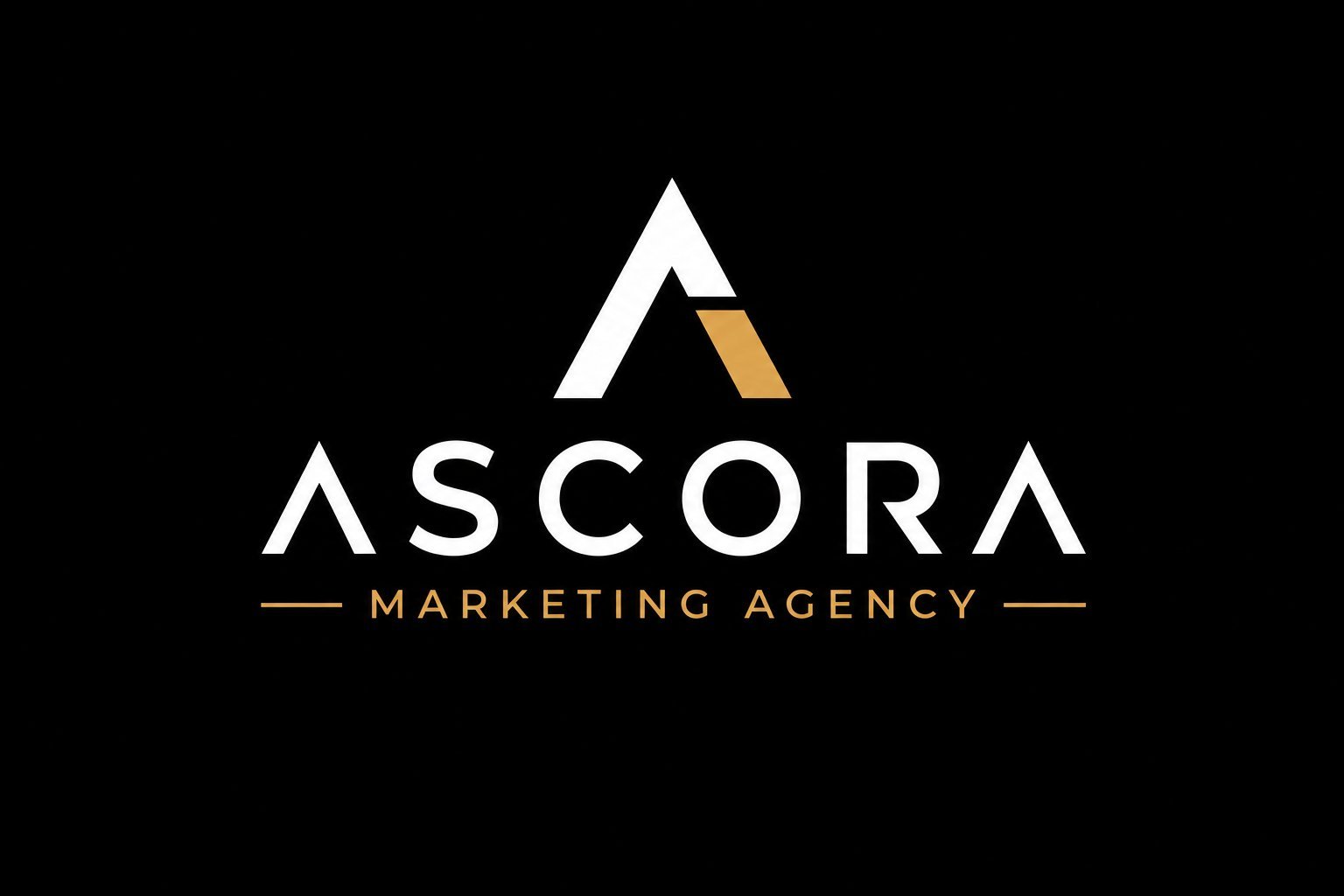 Ascora Marketing Agency logo featuring white triangular letter A with gold accent on black background