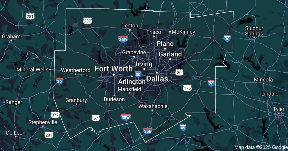 Dallas-Fort Worth metroplex service area map highlighting Plano, McKinney, Frisco, Allen, Richardson and surrounding cities served by Prime Finish Painting Co.