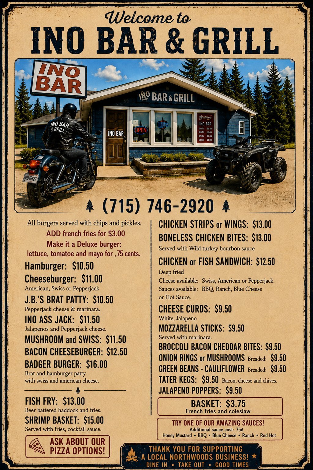 Menu sign for INO Bar & Grill featuring a rustic building with motorcycles and ATV parked outside, displaying food items and contact information