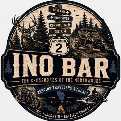 Vintage-style logo for Ino Bar in Wisconsin featuring deer, motorcycle, and ATV imagery with directional signs and crossroads theme