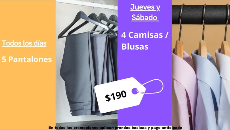 Promoción 5 pantalones o 4 camisas y blusas por $190