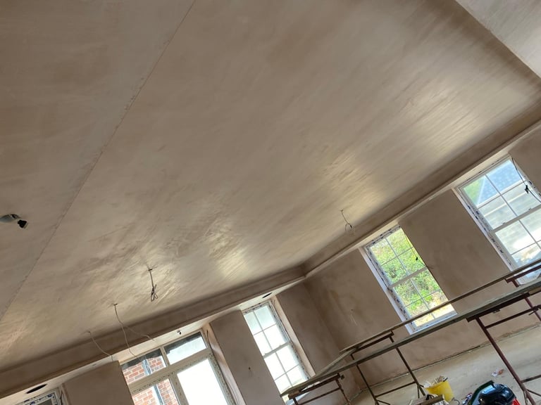 Skimmed plaster ceiling with coving, ready for decoration, Hoddesdon area.