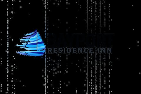 Blue glowing sailboat logo with Residence Inn text on dark background with digital matrix pattern
