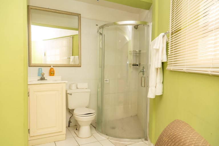 Bright green bathroom with white toilet, sink vanity, glass shower stall, mirror, and towel rack