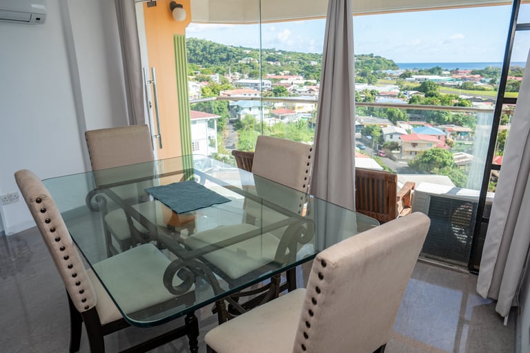 Modern dining room with glass table and cream chairs overlooking suburban landscape through floor-to-ceiling windows