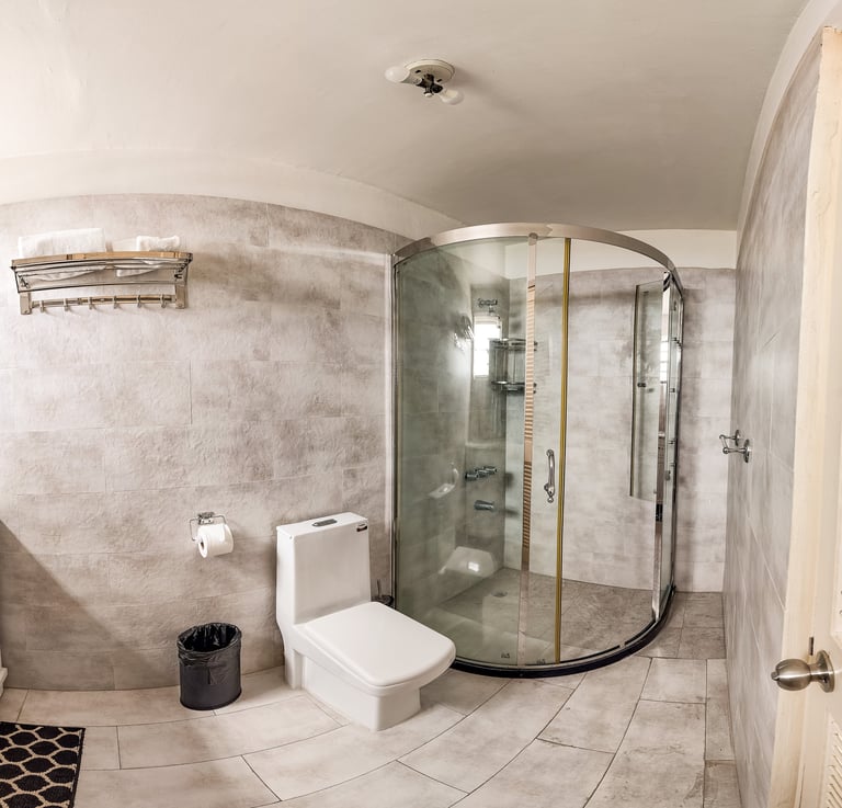 Modern bathroom with curved glass shower enclosure, white toilet, and gray tile walls and flooring