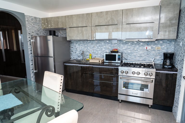 Modern kitchen with stainless steel appliances, light wood cabinets, blue tile backsplash, and dark lower cabinets