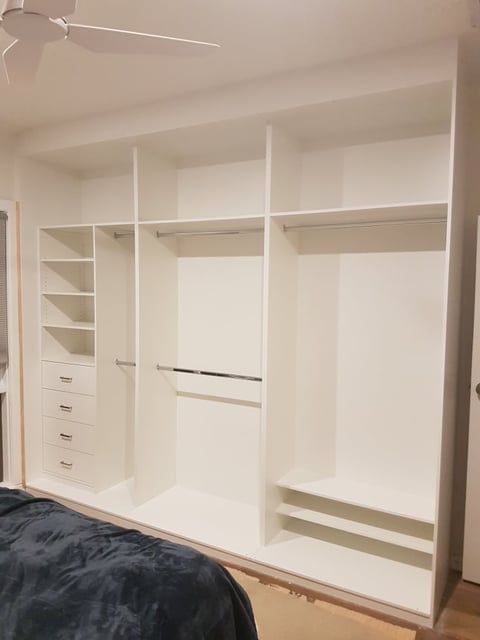 Custom built-in wardrobe with shelving and drawers installed in Mount Martha