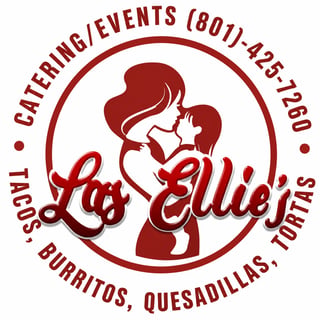 Las Ellie's Tacos & Catering logo featuring a red silhouette of a mother and child in a circle with the phone number (801) 425-1230