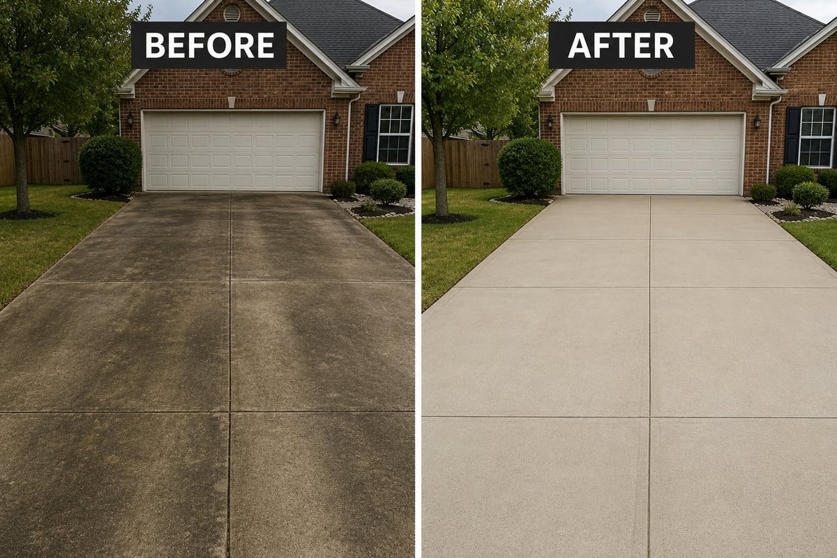 Before and after driveway cleaning — stained concrete transformed to like-new condition