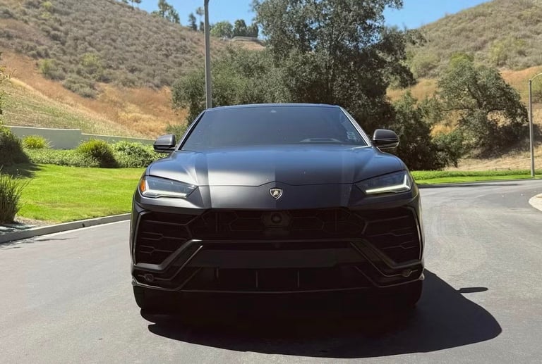 Black luxury SUV parked on driveway facing forward with hills and greenery in background