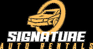 Signature Auto Rentals logo with gold car and steering wheel icon on black background