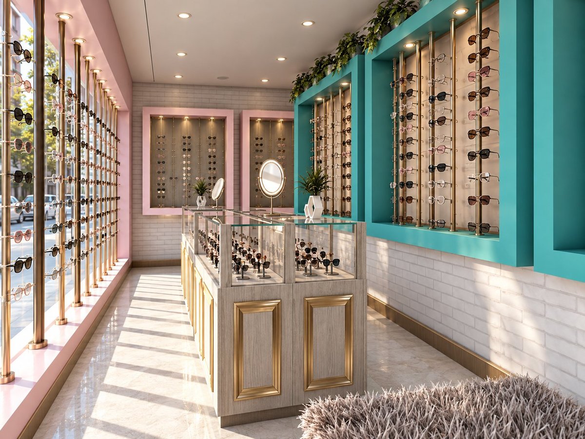 Modern jewelry store interior with pink and turquoise walls, wooden display cases, and a central counter.