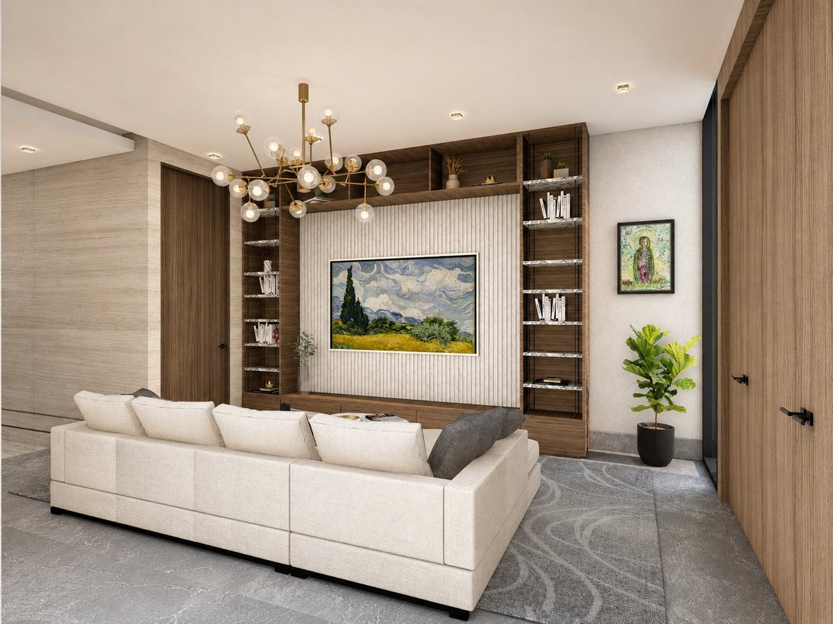 Modern living room with cream sectional sofa, built-in wooden shelving, wall-mounted TV, and brass chandelier