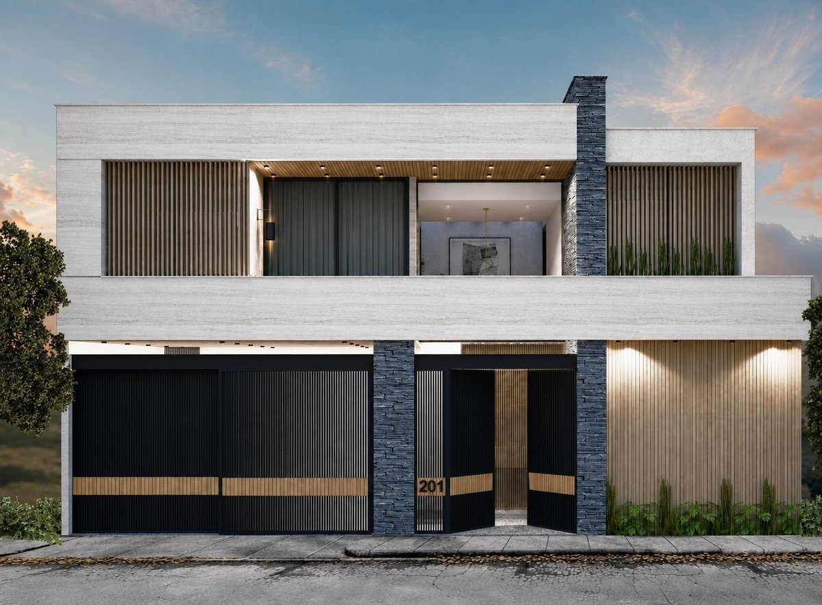 Modern two-story residential house with white upper level, dark lower level, corrugated metal accents, and central dark stone chimney feature.