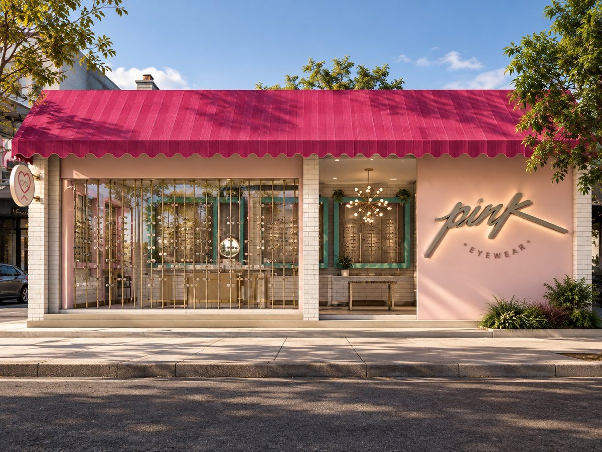 Modern boutique storefront with pink corrugated metal awning, cream-colored facade, large windows, and Pour branding on the exterior wall.