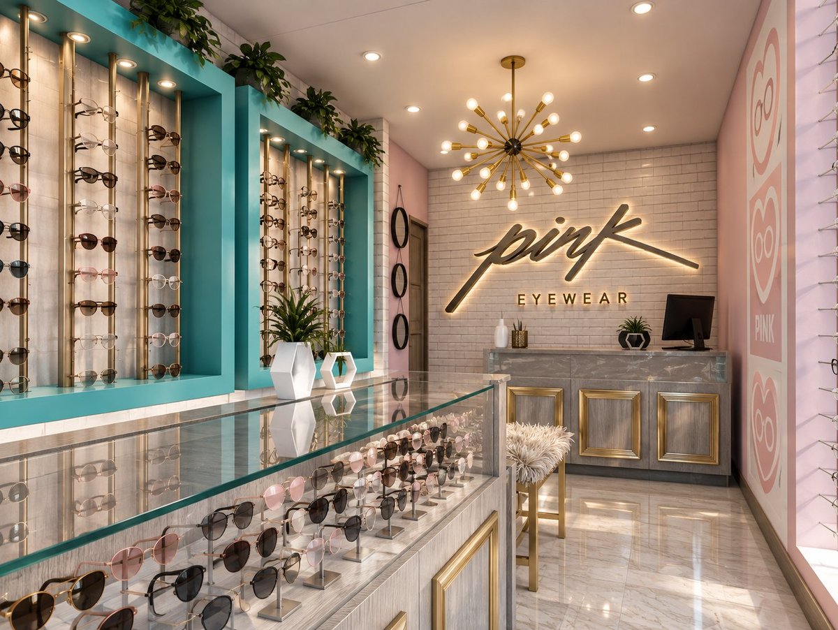 Modern eyewear store interior with turquoise walls, sunglasses display cases, gold fixtures, and pink accent wall with pink eyewear sign.