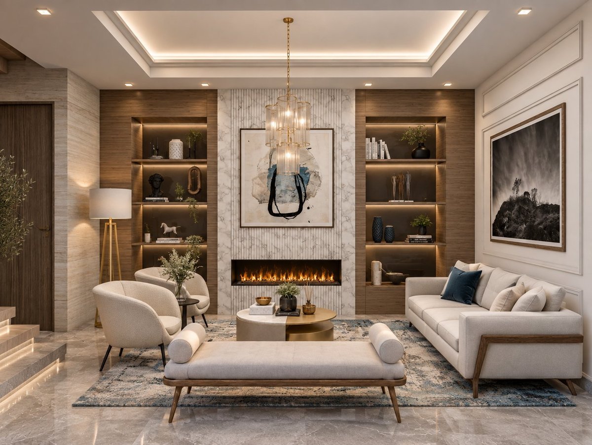 Modern luxury living room with fireplace, cream sofa, wooden shelving, and contemporary furnishings.