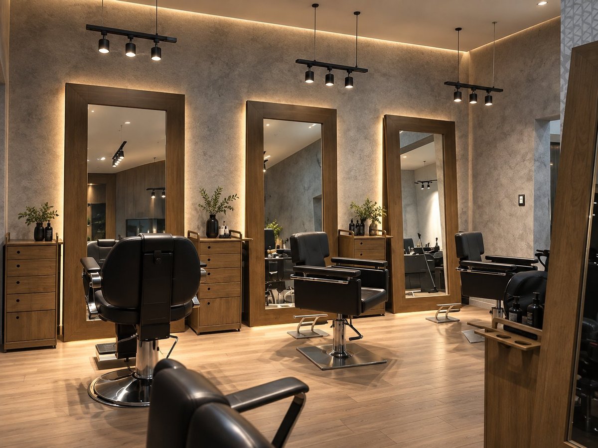 Modern salon interior with three styling stations featuring wooden framed mirrors, black chairs, and warm ambient lighting on wooden floors.