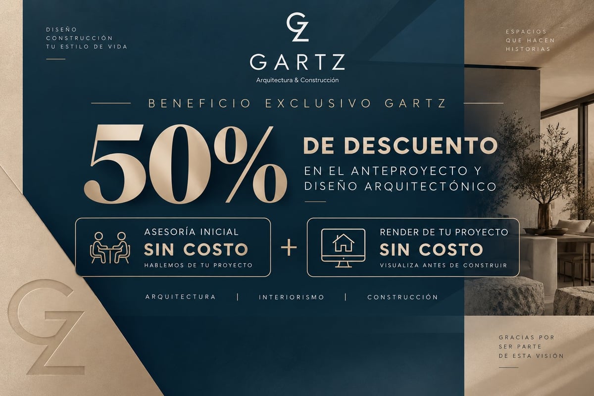 Gartz architecture promotional banner offering 50% discount on architectural design and anteproject with free initial consultation and project rendering.