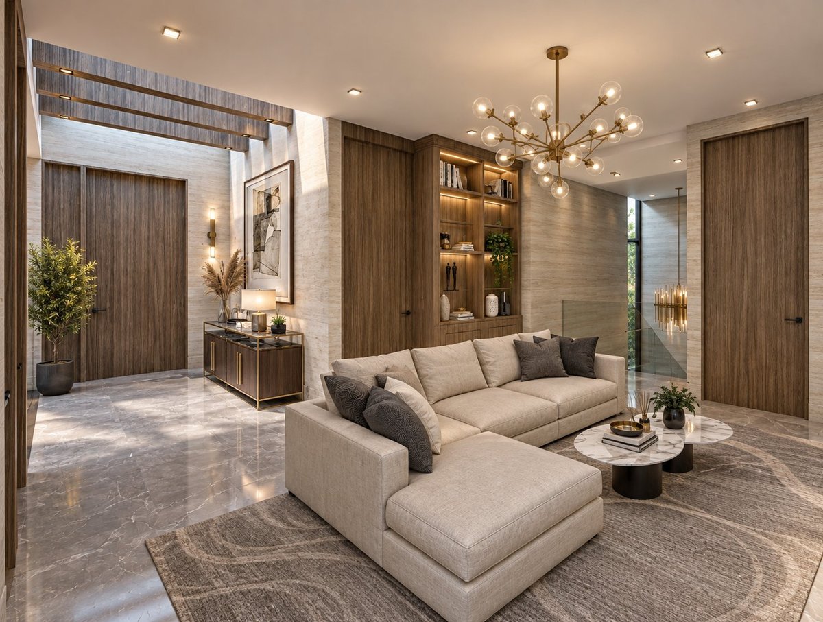 Modern luxury living room with beige sectional sofa, wood cabinetry, glass chandelier, and marble flooring leading to entryway.
