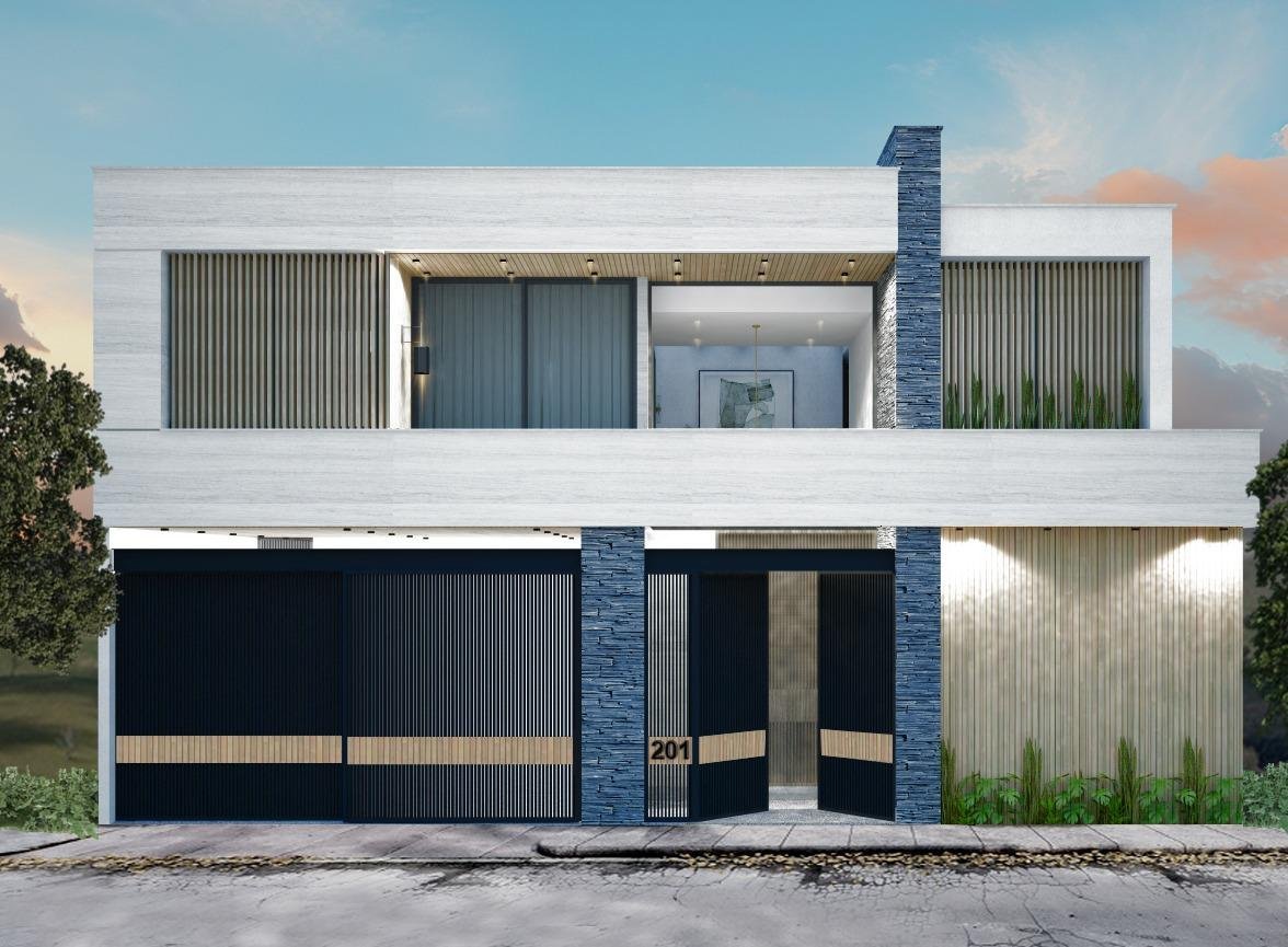 Modern two-story house with white upper level, dark blue lower level, and blue brick columns