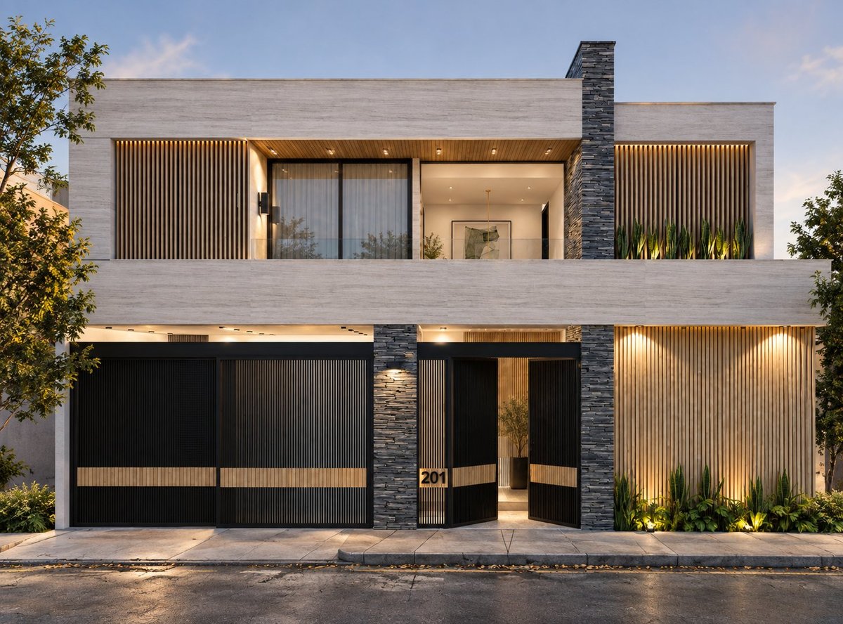 Modern two-story house with white upper level, black corrugated metal accents, stone chimney, and black garage doors.