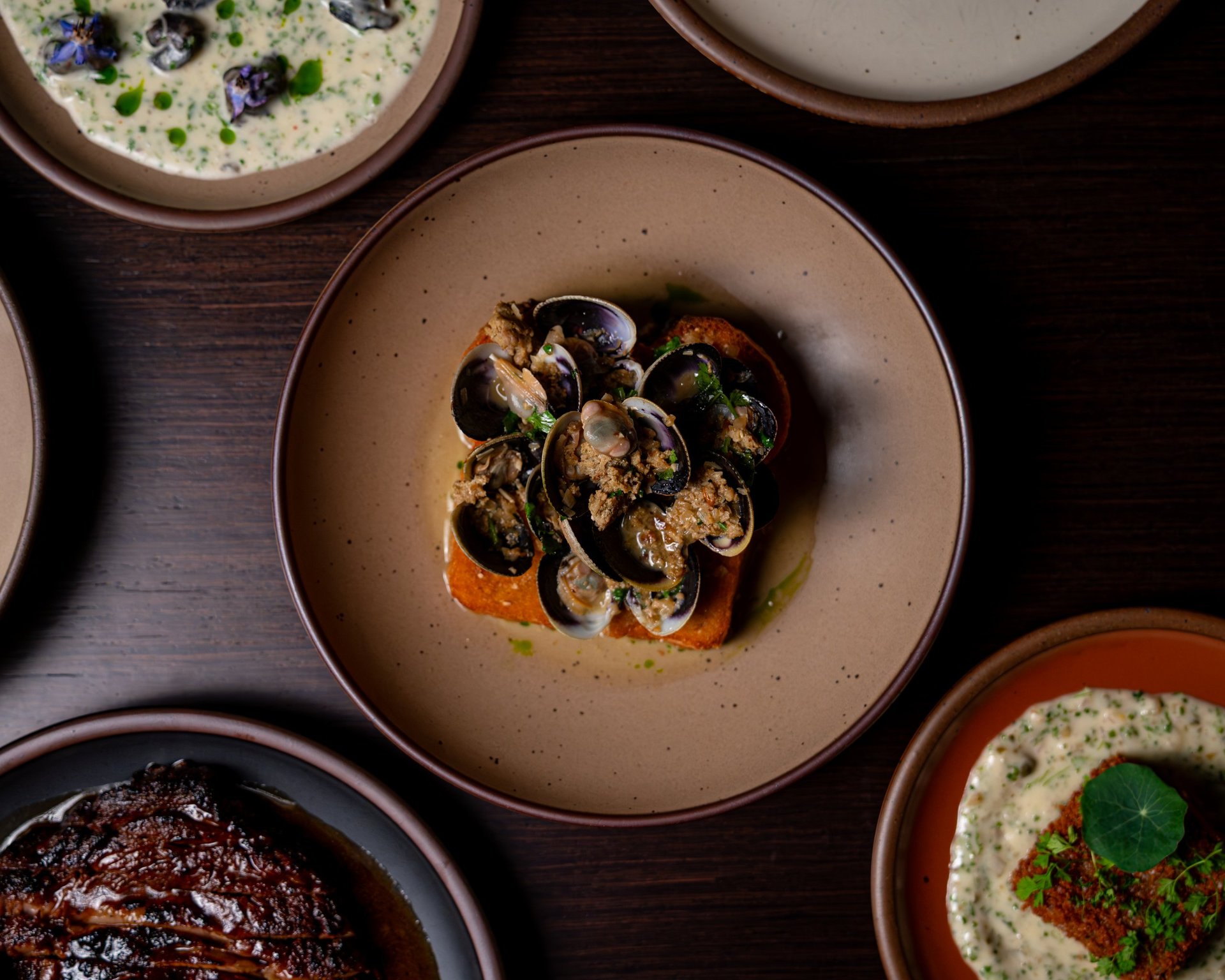 Overhead view of plated clams with orange sauce, surrounded by other seafood dishes on a wooden table