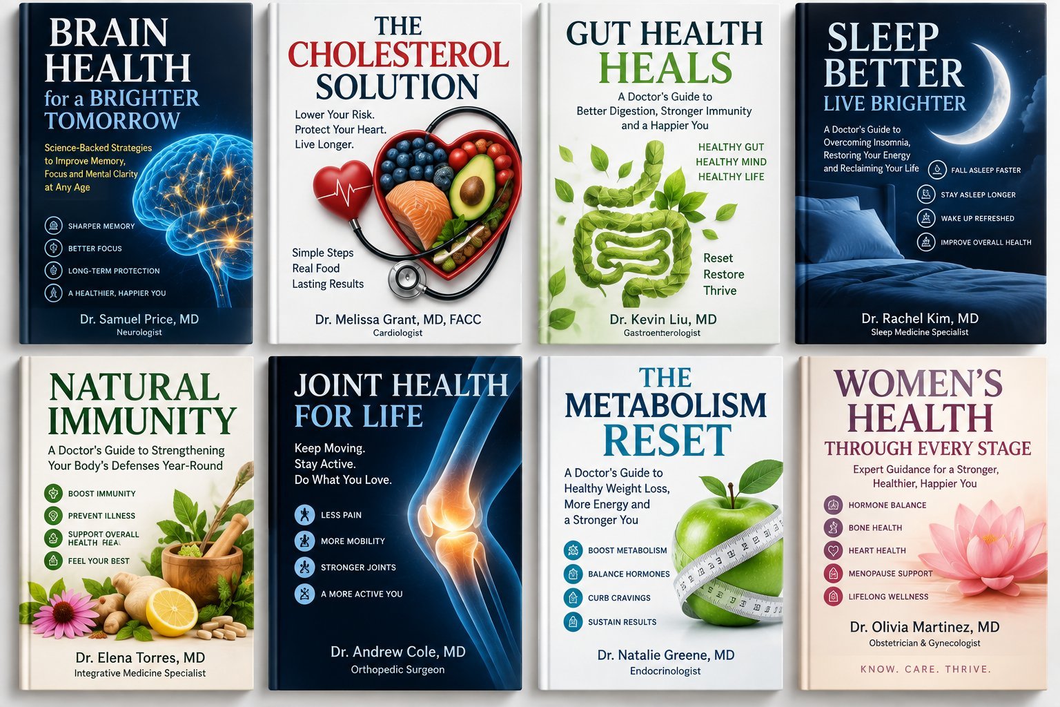 Collection of eight health and wellness books in a grid — brain health, cholesterol, gut health, sleep, immunity, joint health, metabolism, and women's health
