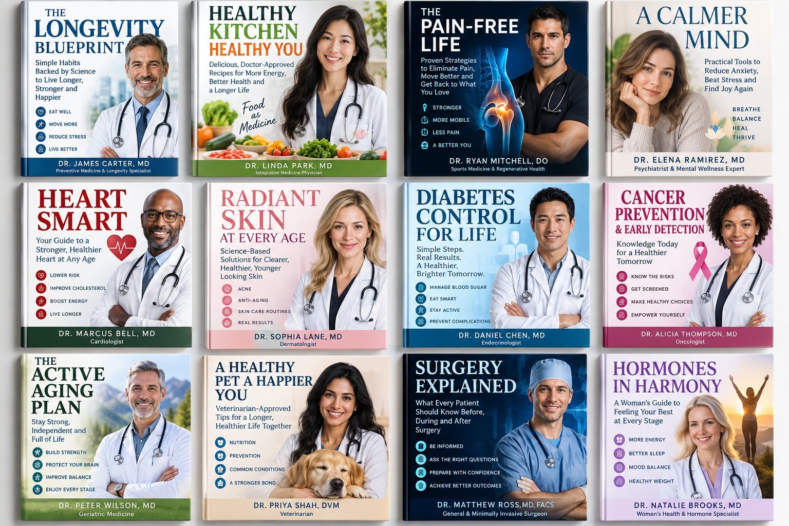 Grid of sixteen medical and wellness book covers featuring physicians and health professionals on longevity, healthy eating, pain relief, and disease management