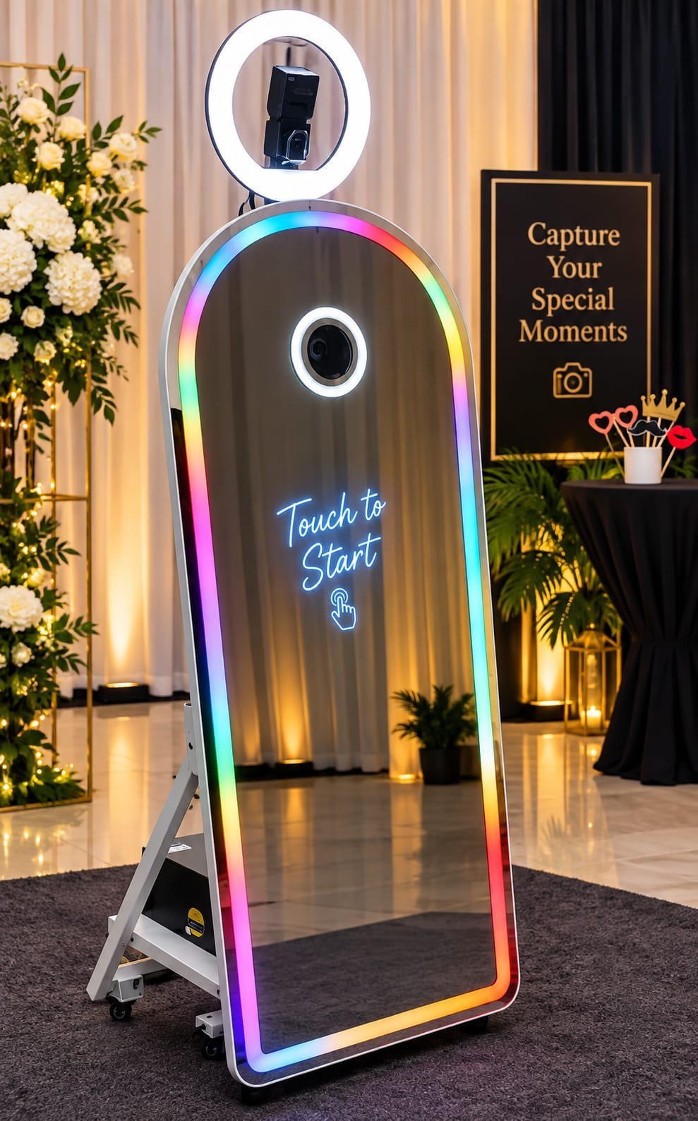 Interactive photo booth with colorful LED frame, selfie ring light, and touch-to-start instructions at an event