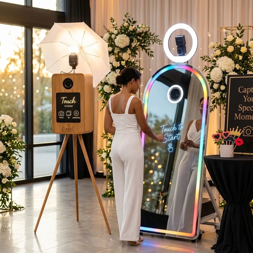 Woman in white dress posing with an illuminated Pixelart mirror photo booth at an elegant event venue