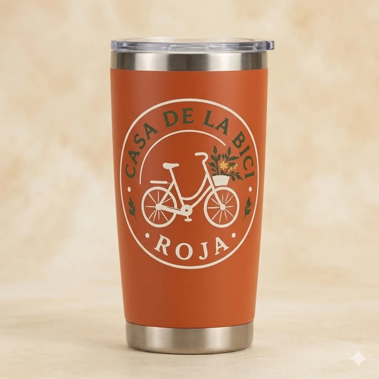 Rust-colored insulated tumbler with stainless steel trim featuring Casa de la Bici Roja logo and bicycle design