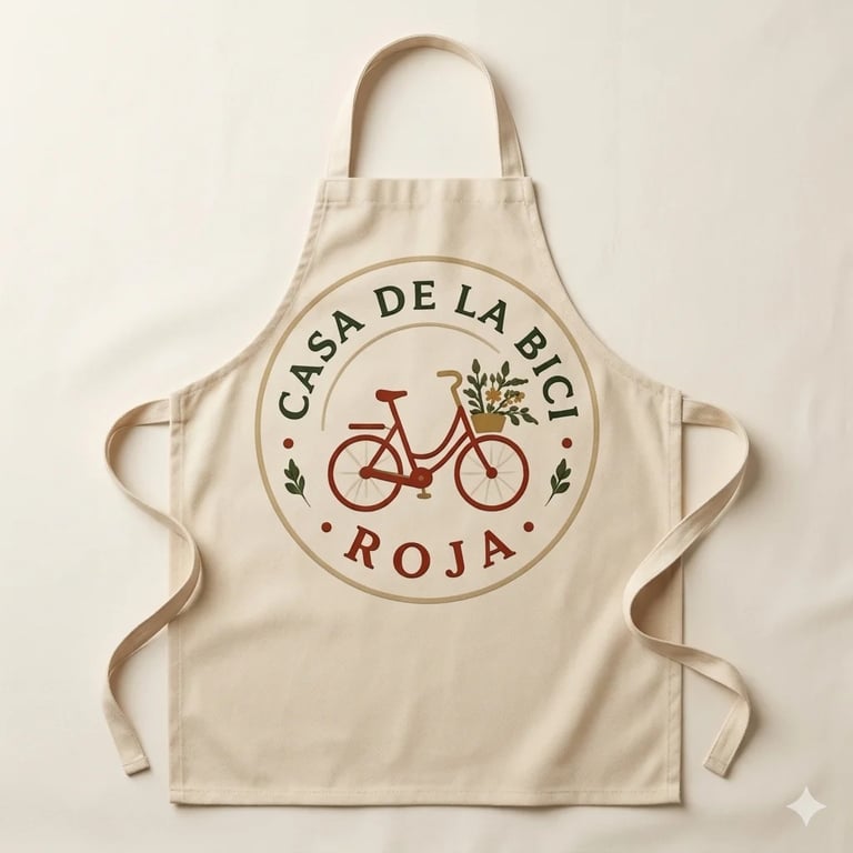 Cream apron with Casa de la Bici Roja circular design featuring a red bicycle and decorative leaf elements