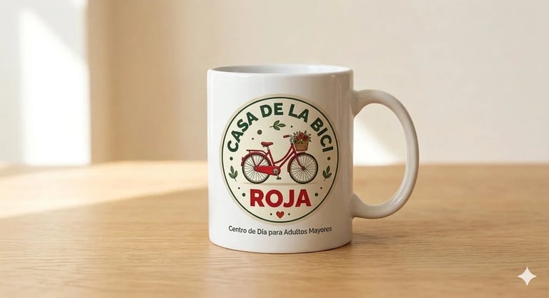 White ceramic mug with Casa de la Roja logo featuring a red bicycle design on a wooden table