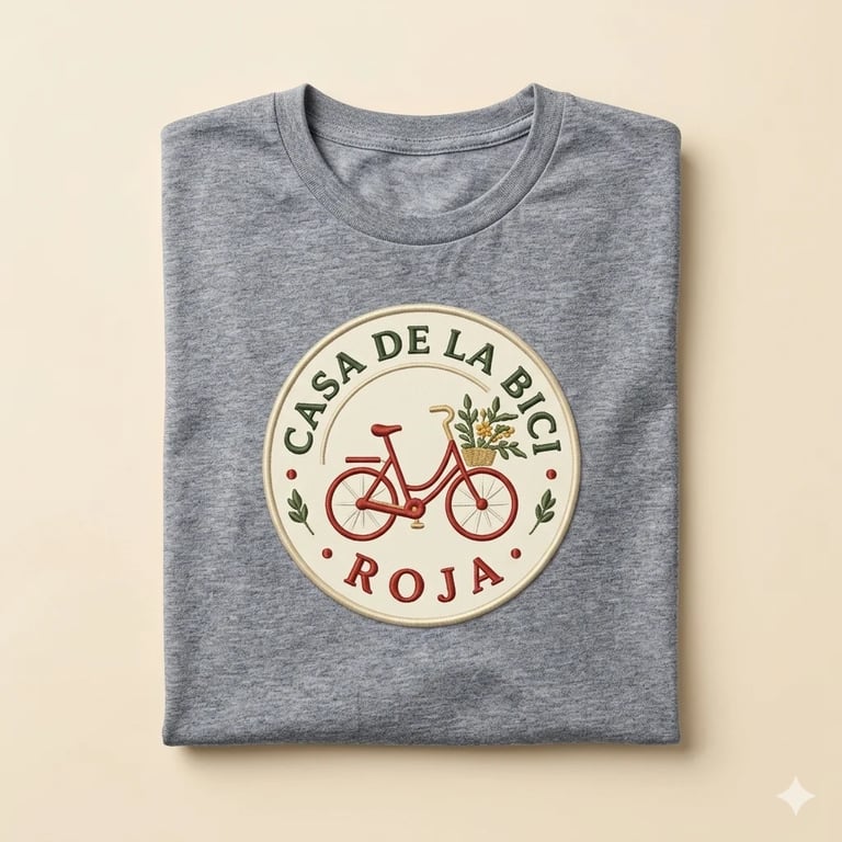 Gray t-shirt with circular Casa de la Bici Roja logo featuring a red bicycle and decorative elements