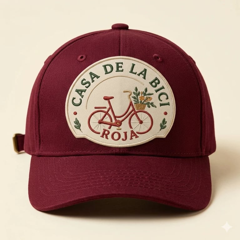Burgundy baseball cap with circular cream patch featuring red bicycle and Casa de la Bici Roja text