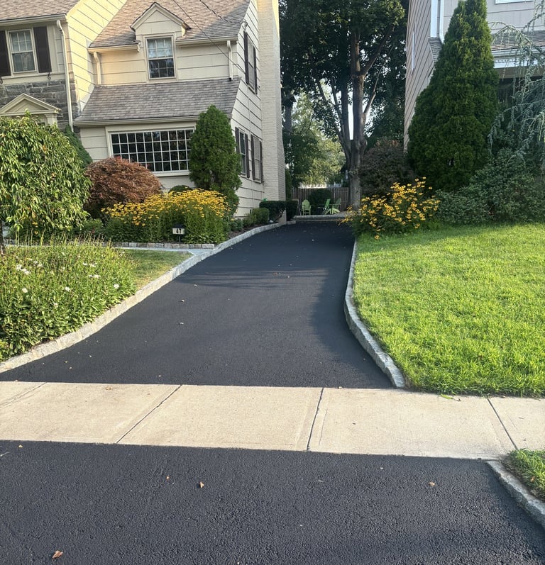 Curved black asphalt driveway leading to a two-story white house with landscaped green bushes and lawn on both sides