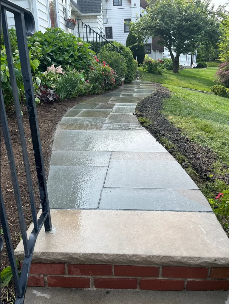 Concrete walkway lined with landscaping leading to residential home with brick foundation and iron railing