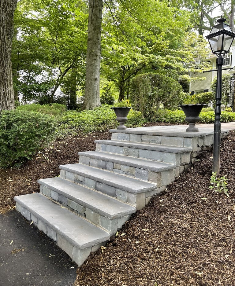 Concrete steps leading up through a shaded park pathway lined with trees, decorative planters, and a black street lamp
