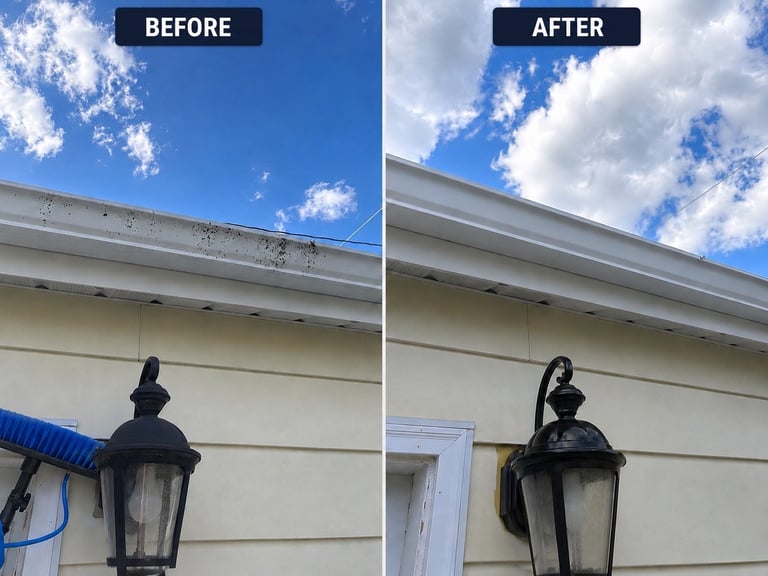 Before and after comparison of a black outdoor wall sconce with cleaned glass panels and frame