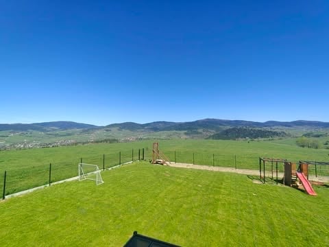 A large green pasture with playground equipment including a slide and goals, surrounded by fencing, with mountains visible in the distance under a clear blue sky.