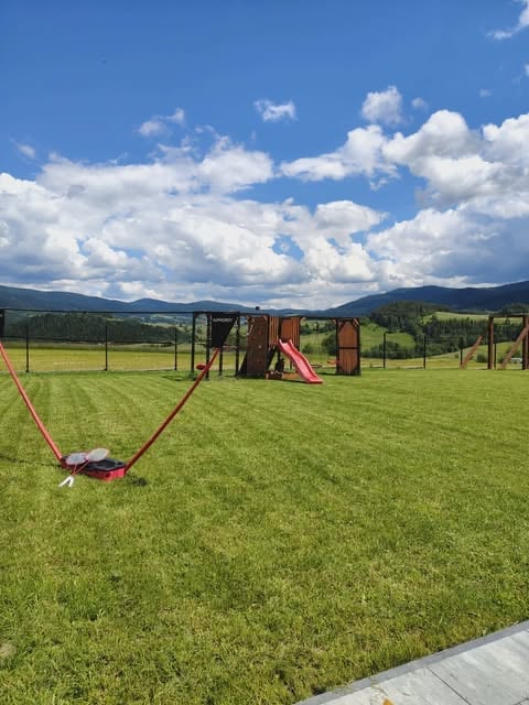 Sunny playground with red swing, wooden play structure with slide, and green grass field with mountains and blue sky in background