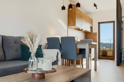 Modern open-plan living room with gray sofa, dining table, blue chairs, wooden shelving, and mountain view through glass doors