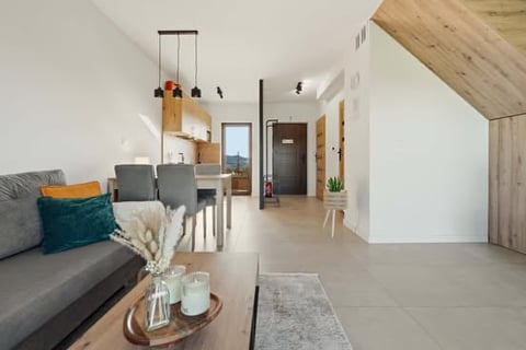 Modern open-plan apartment interior with gray sofa, dining area, kitchen, and wooden ceiling accents