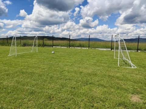 Three white soccer goals on a green grass field with black fence and mountains under blue cloudy sky