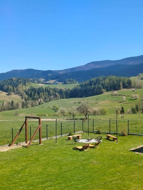 Rustic picnic area with wooden benches and fire ring in rolling green valley with forested mountains in background