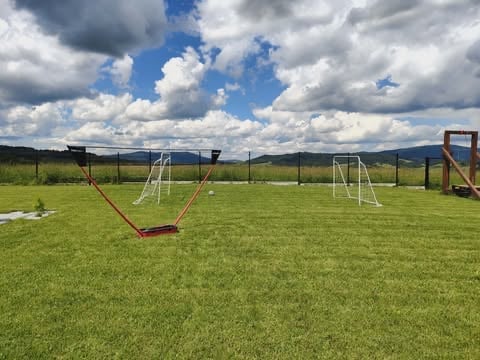 Childrens playground equipment including swings and soccer goals on a grassy field with mountains under a cloudy blue sky